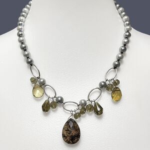 Cookie Lee Necklace Gray Knotted Imitation Pearl Faceted Teardrop Quartz Pendant